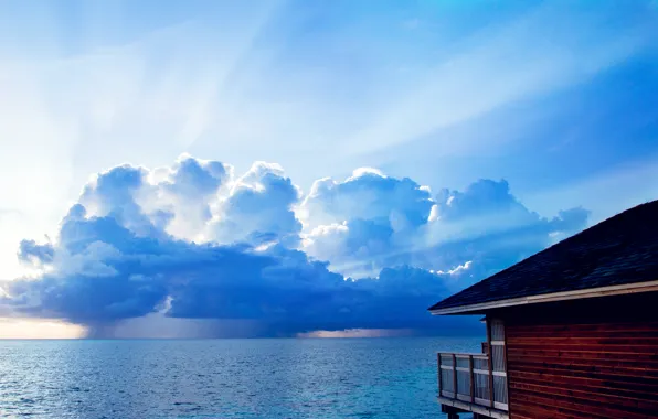 Picture sea, the sky, clouds, rays, house