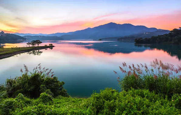 Greens, the sky, grass, clouds, mountains, lake, reflection, dawn