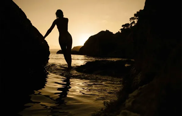 Sunset, Sea, Beach, Girl, Silhouette
