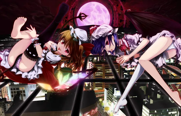 Night, the city, lights, girls, the moon, wings, the demon, art