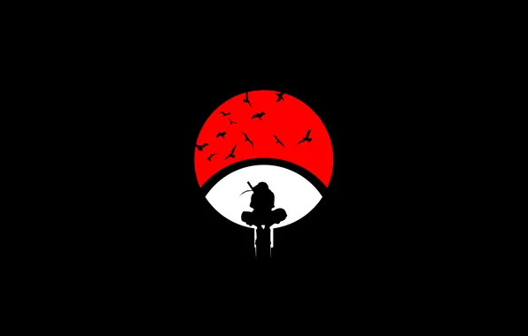 Naruto, clan, ninja, Uchiha, black background, silhouette, flying birds