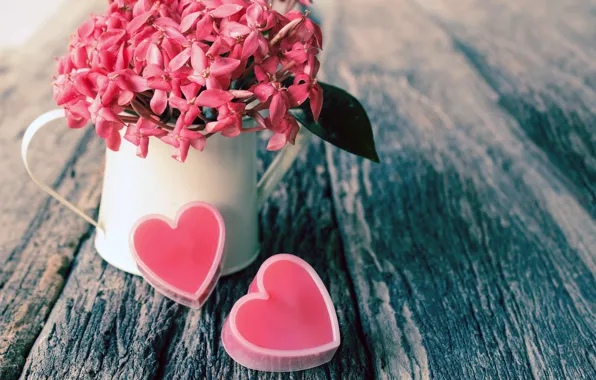 Flowers, table, heart, hearts, pink