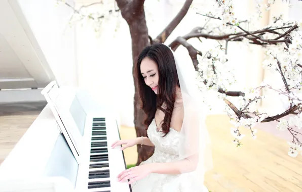 Picture girl, music, Asian, piano, the bride