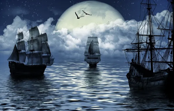 Picture sea, fantasy, the moon, ship, moon, fantasy, sea, ship