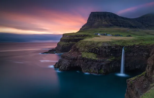 Picture rocks, island, mountain, waterfall, The Atlantic ocean, Faroe Islands