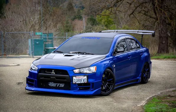 Trees, blue, the fence, Mitsubishi, Lancer, Evolution, Playground, Mitsubishi Lancer Evolution