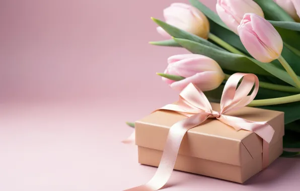 Flowers, pink, box, gift, bouquet, spring, Easter, tulips
