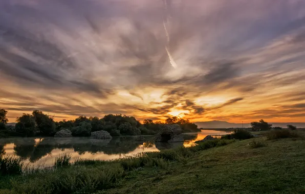 Forest, the sky, the sun, clouds, sunset, reflection, shore, dal