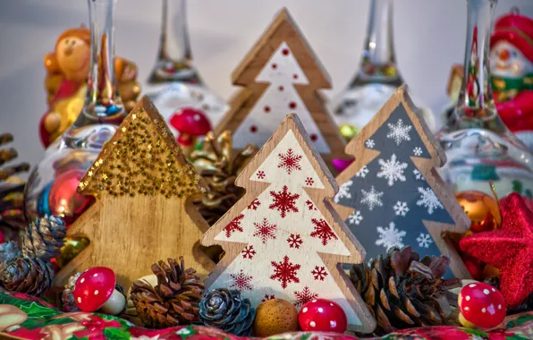 Winter, balls, snowflakes, holiday, toy, toys, mushrooms, Christmas