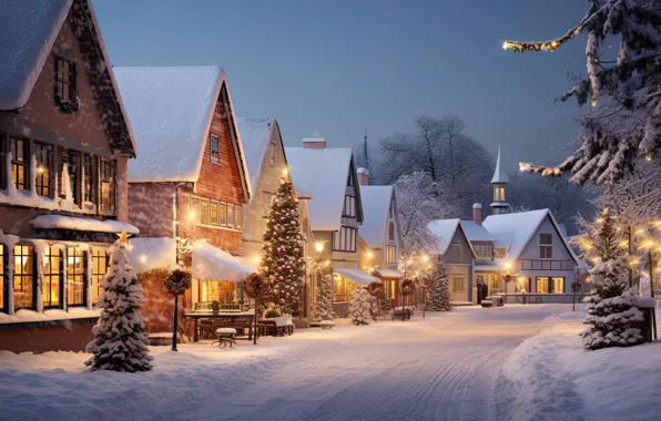 Picture winter, snow, decoration, night, the city, lights, street, tree