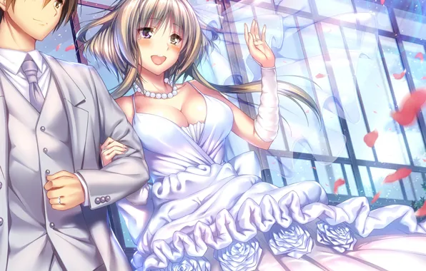 Petals, neckline, beads, blush, veil, art, wedding dress, visual novel