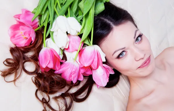 Girl, flowers, makeup, brunette, hairstyle, tulips