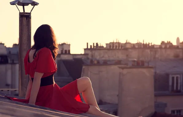Picture roof, girl, the city, red, dress