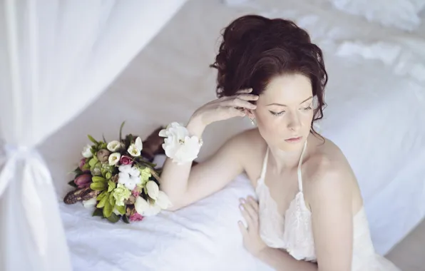 Look, girl, flowers, tenderness, bouquet, beautiful, sitting, face