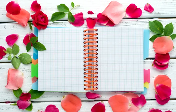 Leaves, roses, petals, notebook
