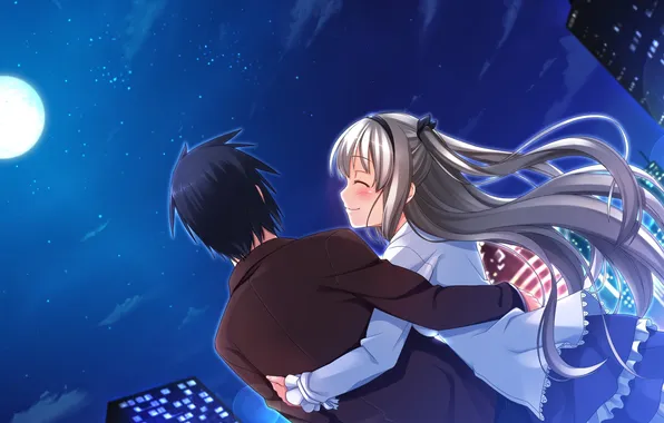 Picture girl, night, the city, the moon, hugs, guy, game cg, sinclient