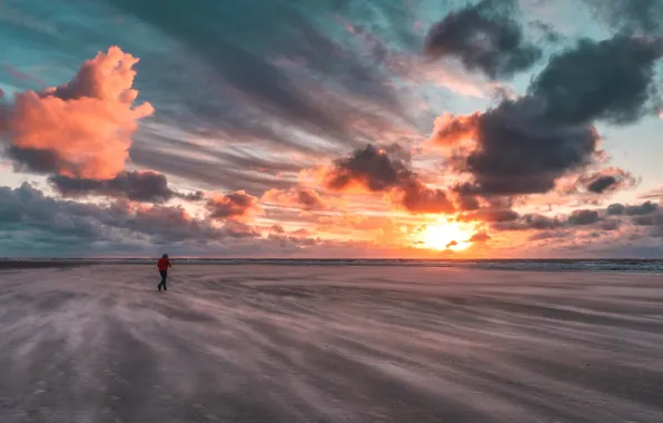 Sea, sunset, shore, people