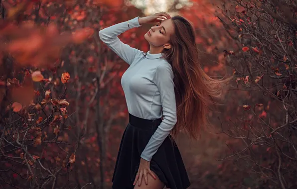 Autumn, girl, branches, pose, mood, long hair, closed eyes, Gregory Levin