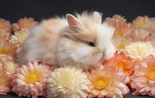 Flowers, bouquet, rabbit, black background, Bunny, rabbit, AI art, neural network