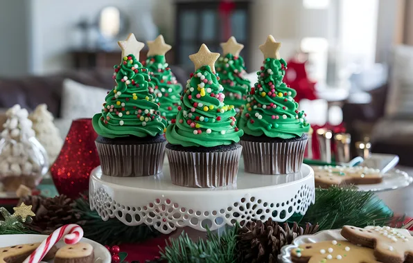 Stars, branches, table, green, Christmas, sweets, New year, needles