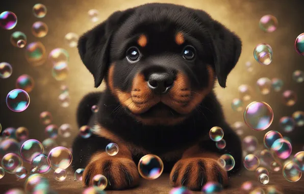 Look, pose, portrait, dog, bubbles, puppy, lies, face