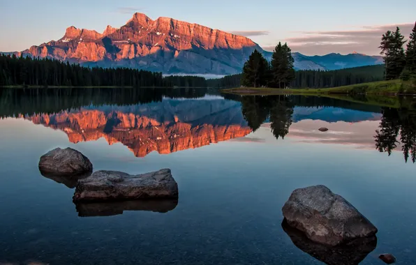 Picture landscape, mountains, nature, lake, reflection, stones, dawn, morning