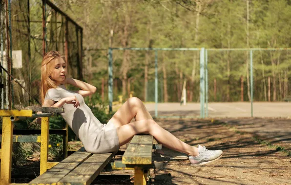 Summer, bench, face, hair, legs, Lena