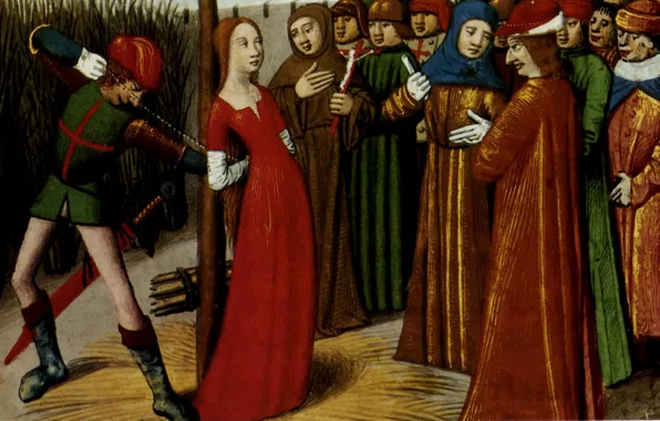 Picture miniature, Jeanne tied to a pole, XV century