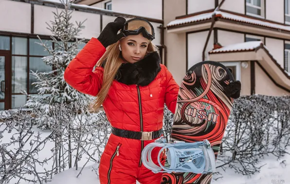 Picture winter, look, girl, pose, snowboard, glasses, jumpsuit, Anastasia Zakharova