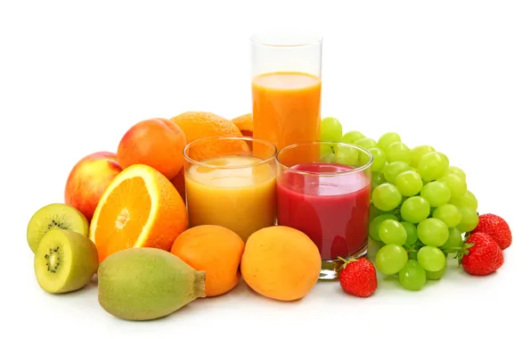 Apples, oranges, kiwi, strawberry, berry, juice, grapes, white background