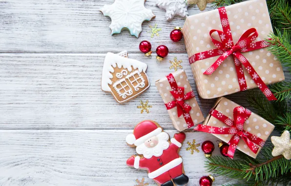 Wallpaper gift, branches, cookies, pine, new year, Olena Rudo