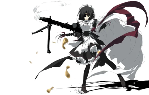 Girl, anime, art, the maid, machine gun, eye patch