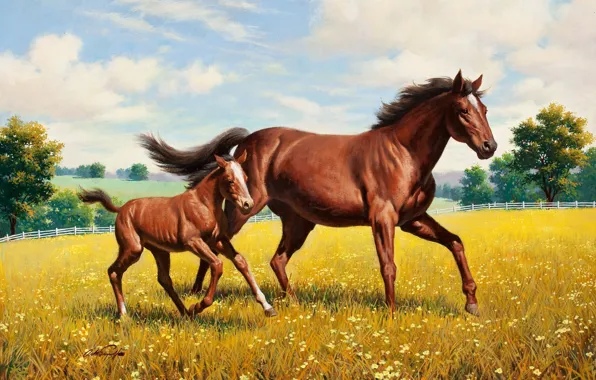 Picture horse, meadow, painting, Arthur Saron Sarnoff, foal