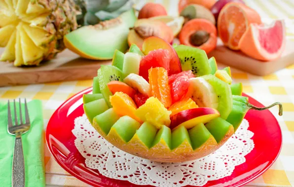 Picture apples, kiwi, bananas, plug, melon, fruit salad