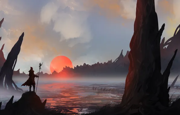 Sunset, Figure, Silhouette, Warrior, Landscape, Art, Landscapes, Digital Art
