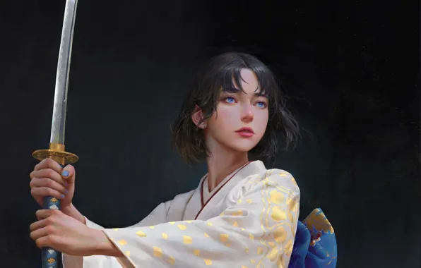 Katana, kimono, blue eyes, grey background, arm, stand, samurai, woman warrior