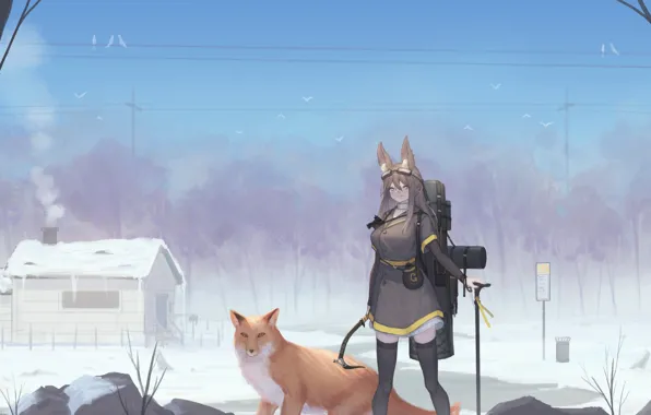 Winter, girl, house, sign, Fox, ears