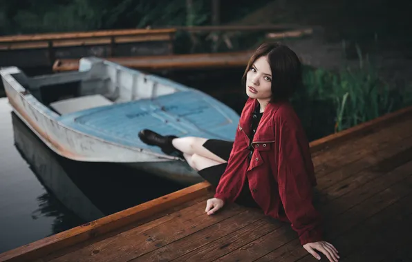 Girl, boat, pier, brunette, brown hair, Kare
