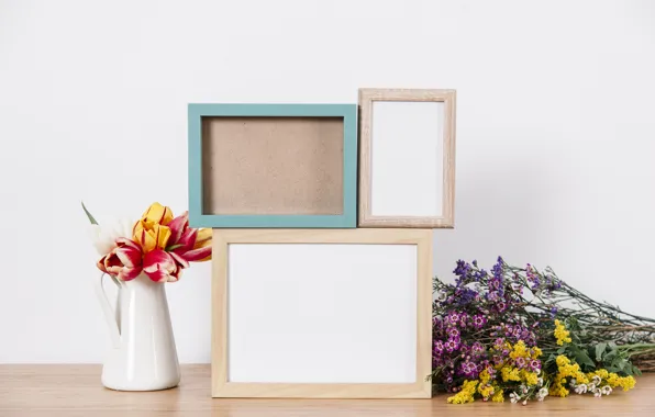 Flowers, photo, bouquet, frame, colorful, tulips, vase, flowers