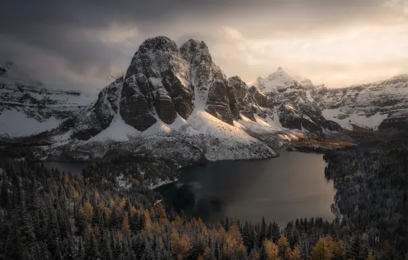 Winter, autumn, forest, the sky, clouds, light, snow, mountains