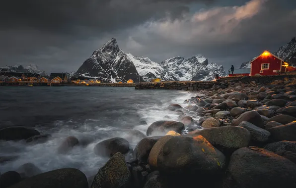 Sea, snow, mountains, clouds, stones, rocks, shore, the slopes