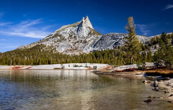 Picture mountains, rocks, shore, tops, pond