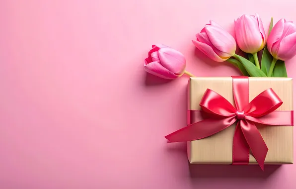 Picture flowers, holiday, box, gift, bouquet, spring, tulips, pink