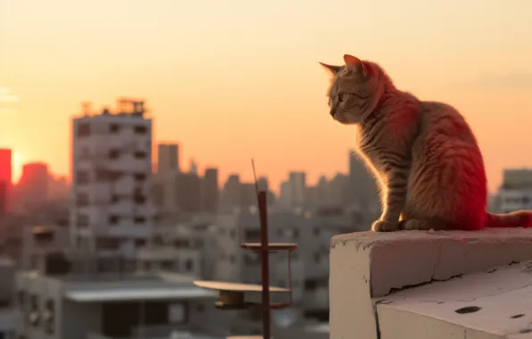Roof, cat, the sky, look, the sun, light, sunset, the city