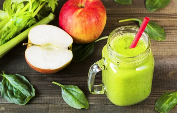 Greens, leaves, apples, juice, mug, bokeh, tube