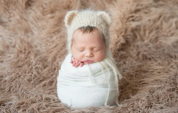 Child, sleep, sleeping, fur, cocoon, cap, baby