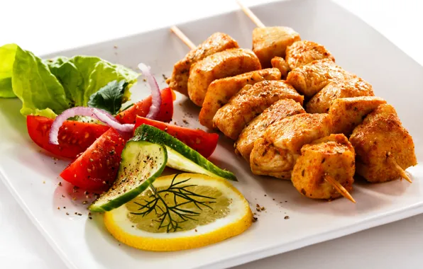 Picture lemon, bow, plate, meat, tomatoes, kebab, cucumbers, salad