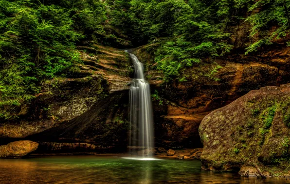 Forest, trees, rock, stones, waterfall, USA, Logan, Ohio