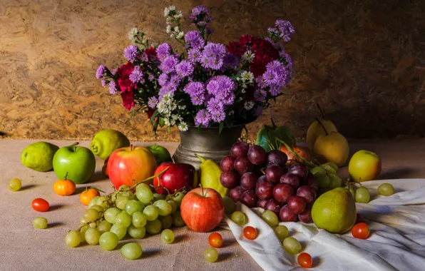 Flowers, apples, bouquet, grapes, fruit, still life, pear, flowers