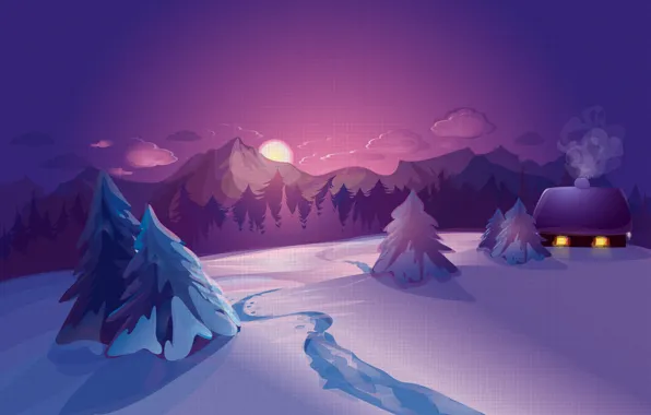 Picture Nature, Winter, Snow, Spruce, Landscape, Sunrises and sunsets, Vector graphics
